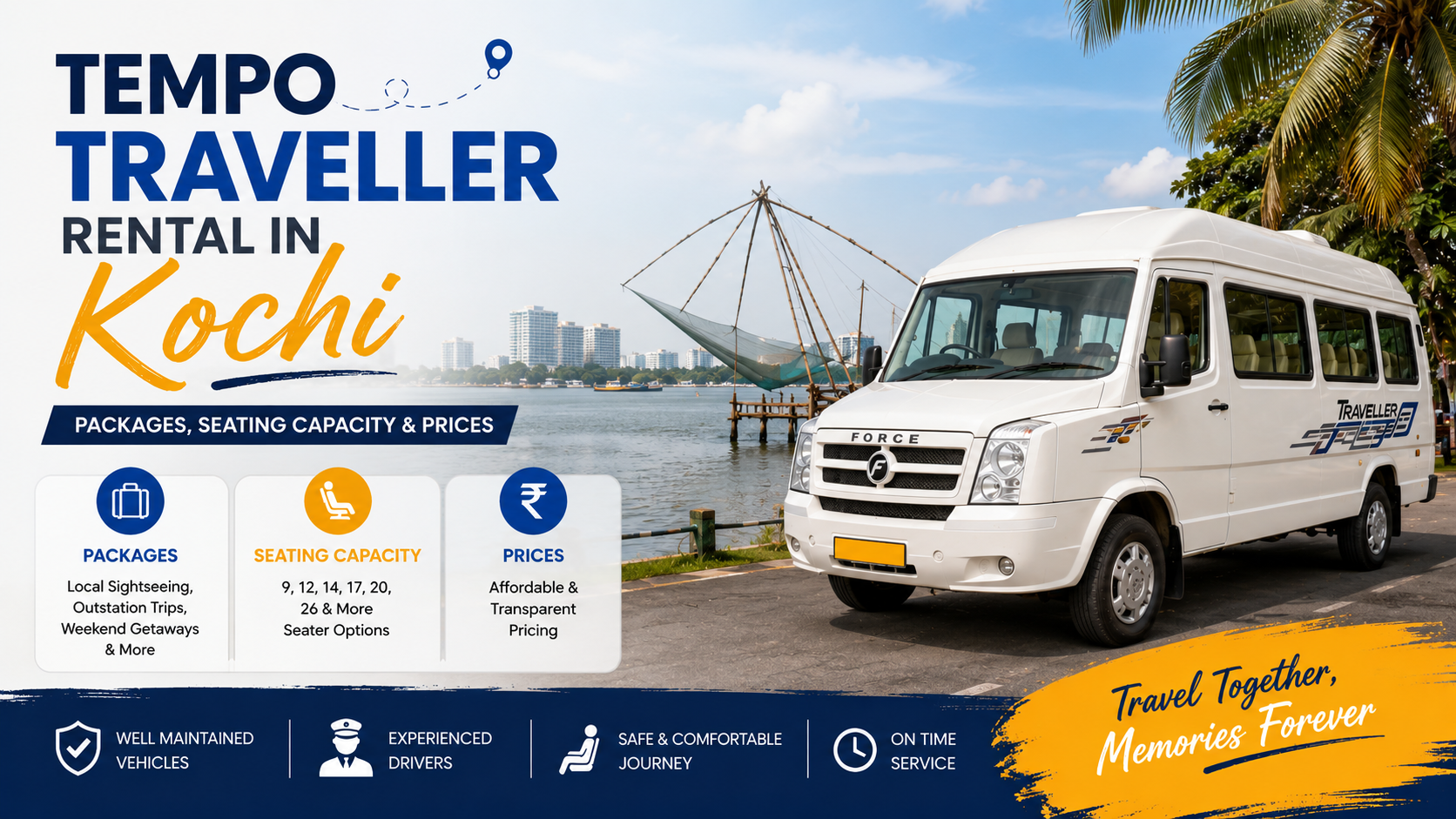 Tempo Traveller rental in Kochi featuring a white Force Traveller van beside the waterfront, with details about travel packages, seating capacity, prices, and rental services.